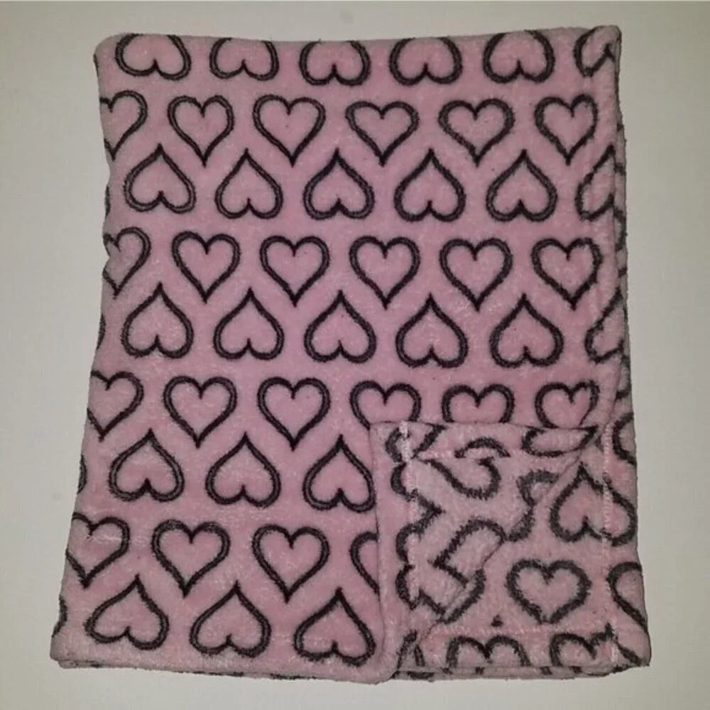 HB Pink Black Hearts Baby Blanket Girl Fleece Lovey 30